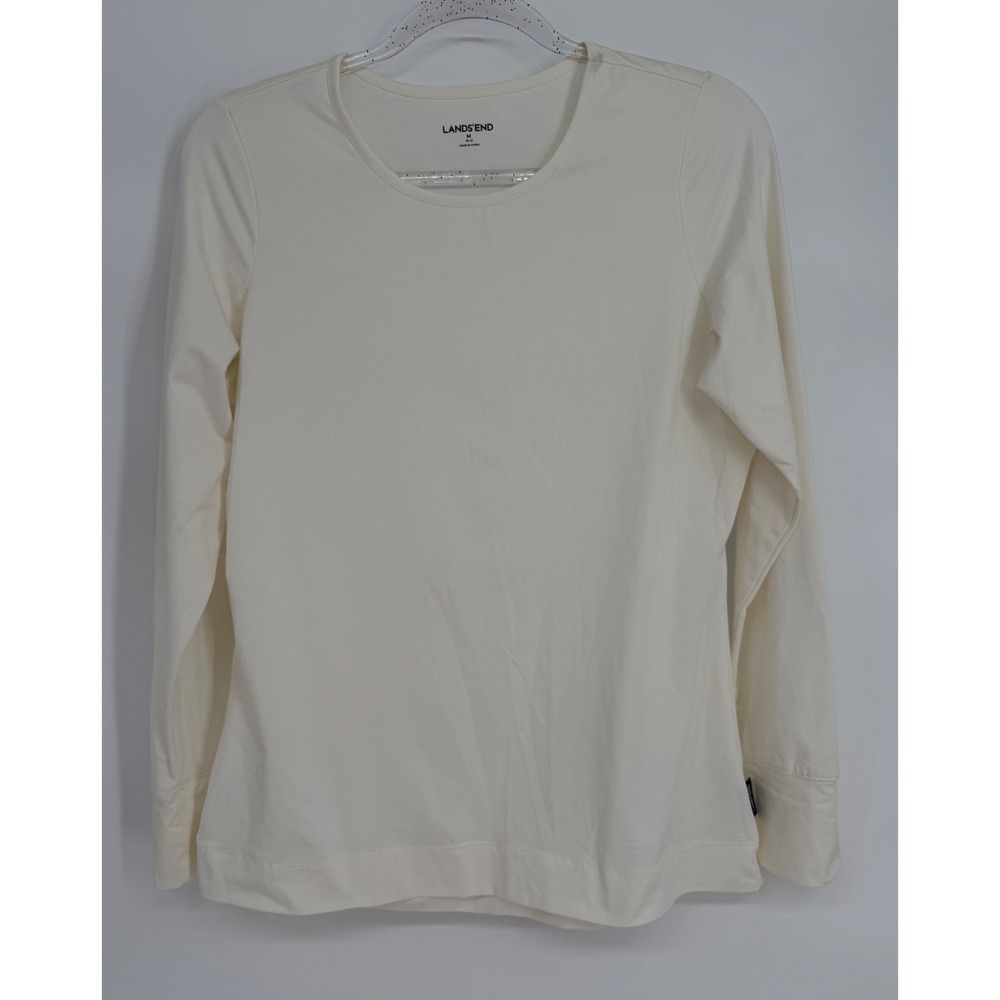 Lands End Womens Sz M Cream Long Sleeve Crew Neck Stretch Top 10-12